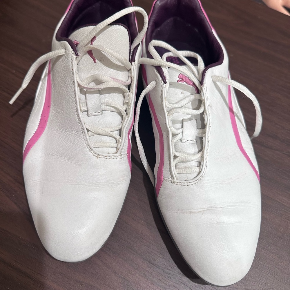 Puma White and Pink Golf Sneakers